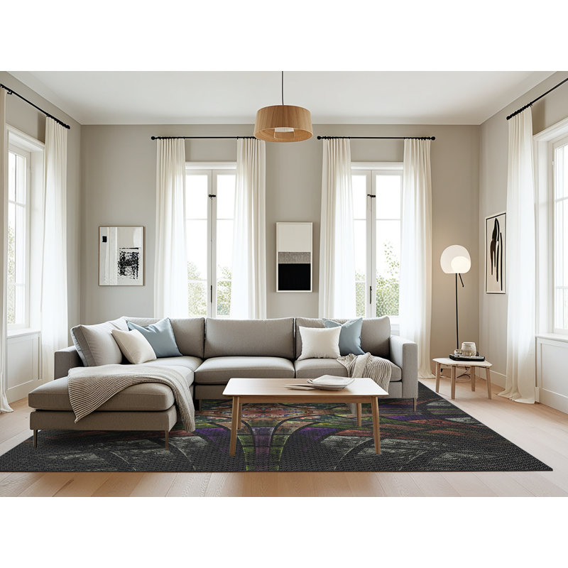 Tapis vert/noir/mauve tissé à la machine, Rectangle 8 pi x 12 pi