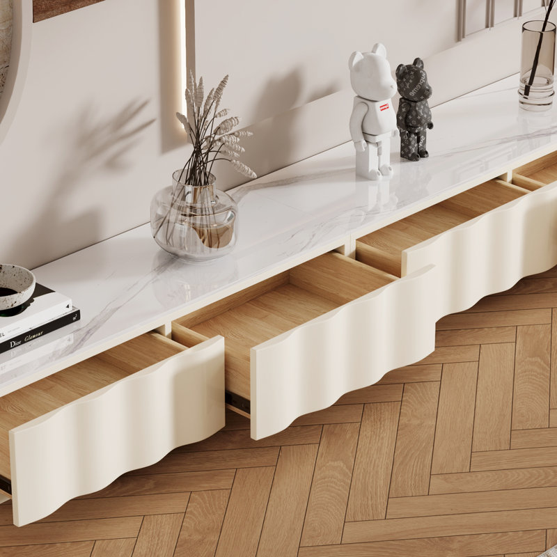 Dupin 118" Modern Cream TV Stands with 5 Drawers, White Media Console with Glossy Sintered Stone Tabletop