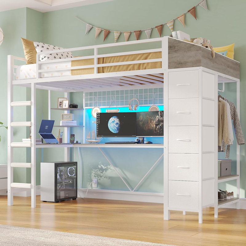 Loft Bed with Desk for Kids & Teens, High Sleeper with Computer Desk for Kids' Room, Small Space, Game Room, Includes LED Lights