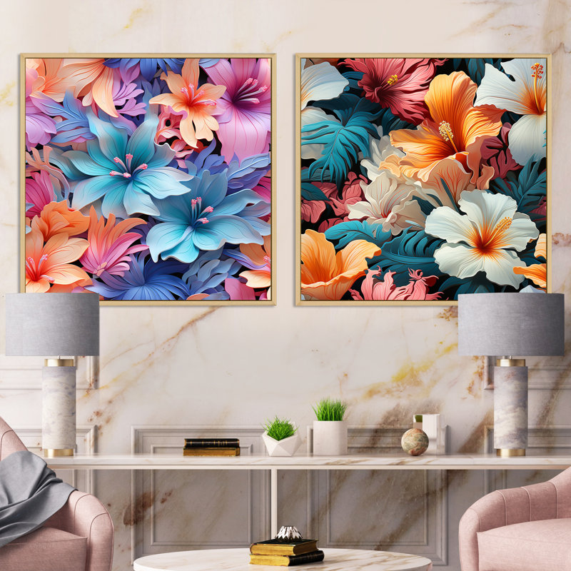 Tropical Dreamscape III - motif tropical - ensemble de 2 collages carrés floraux, Cadre flottant brun, H 30 po x l 61 po