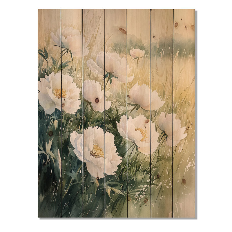 Peonies And The Open Field I - Peonies Wood Wall Decor - On Natural Pine Wood, 20" H x 10" W x 0.78" D