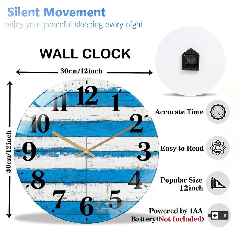 Horloge murale 12 po ronde en verre trempé avec mouvement à quartz silencieux, Bleu et blanc