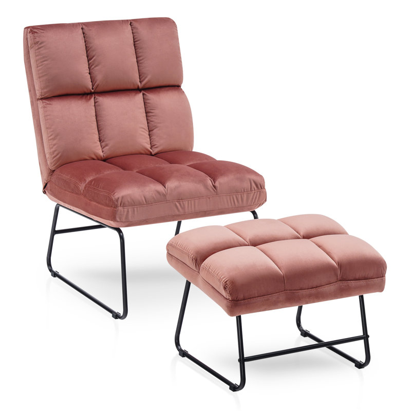 Merrick Road Accent Chair with Ottoman, Velvet Modern Metal Legs, Club Chair Lounge Sofa Couch, Pink Velvet