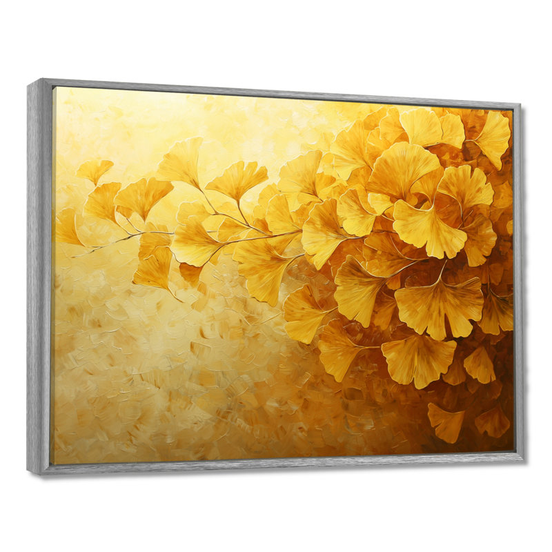 Clarcie Golden Ginkgo Leaves Harmony II - feuilles, art mural pour le salon, Argent argent, H 12 po x l 20 po, Picture Framed