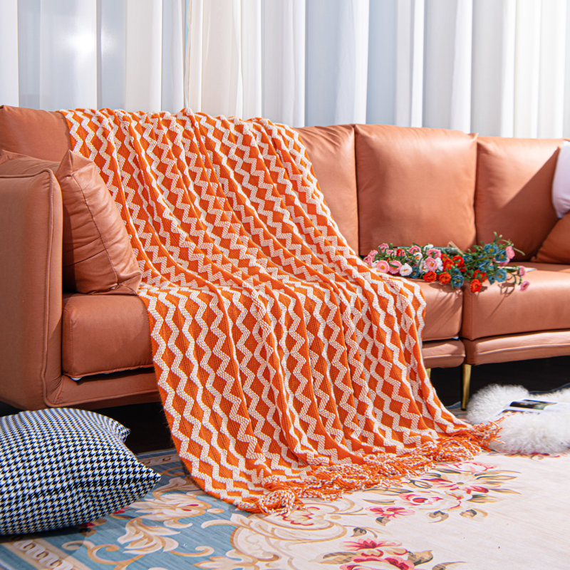 Acrylic Knitted Throw Blanket, Lightweight and Soft with Tassels, Wave - NTBAY, Orange