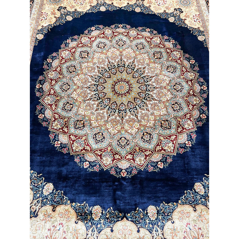 Tapis bleu marine et multicolore en soie 6 x 8