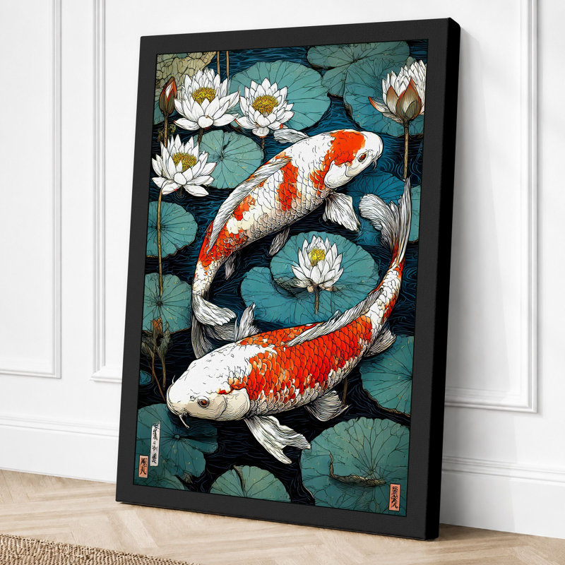 Koi Among Water Lilies Japandi - Print, 30x20 - 76.2 x 50.8 cm, Black Border