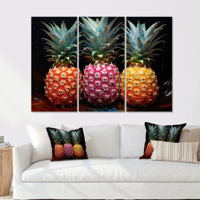 Neon Pinapple Nectar I - Pineapples Canvas Wall Art Set