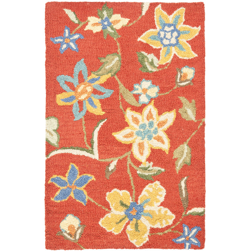 Emrick Hand Hooked Wool Floral Rug, Rectangle 5' x 8'