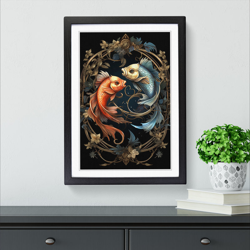 Pisces Fish Zodiac Classicism - Single Picture Frame Print on Wood, 34cm H x 25cm W x 2cm D, Black Framed