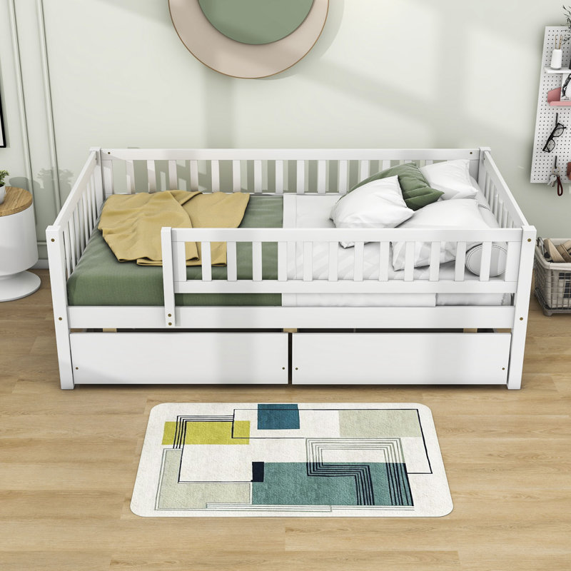 Wood Daybed with Two Drawers and Slats, White, Twin