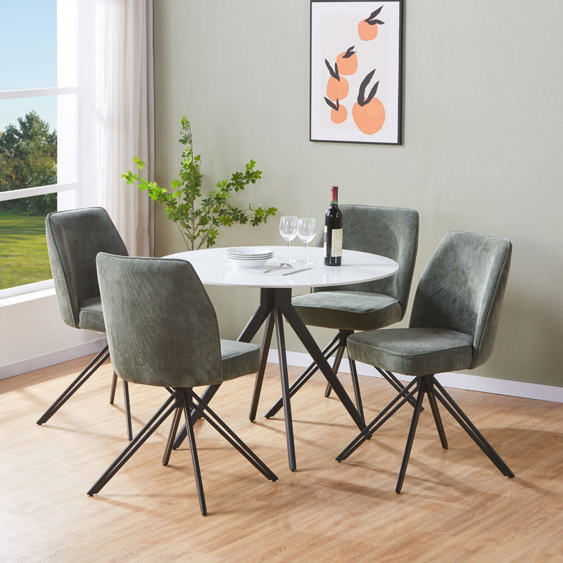 Aspen Gloss White Sintered Stone Round Table with 4 Swivel Upholstered Fabric Chairs - Modern Dining Set, Green
