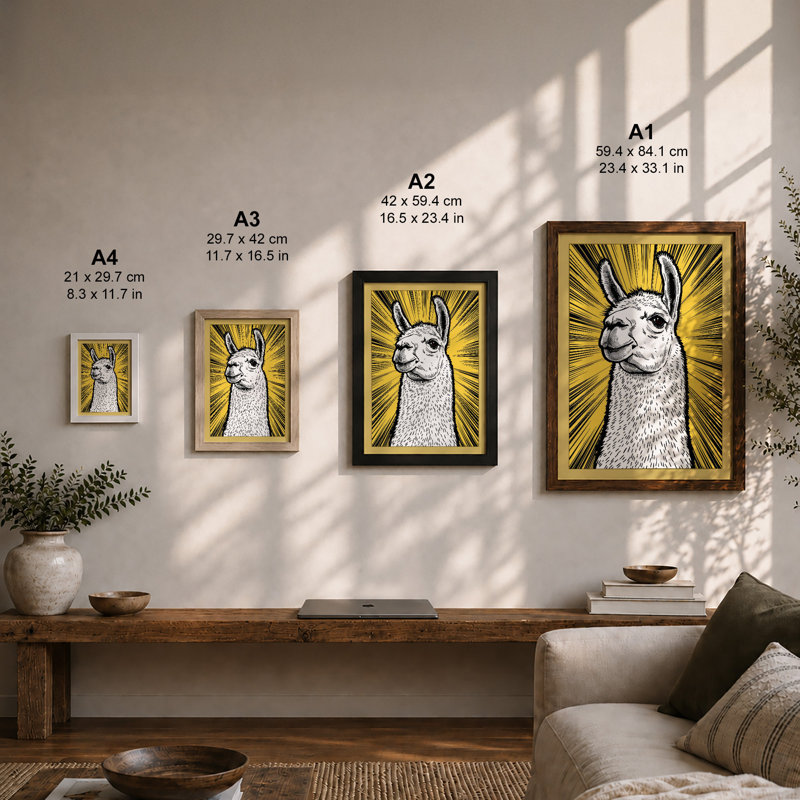 Llama Portrait Modern - Framed Print, A4 - 29.7 x 21.0 cm, Walnut