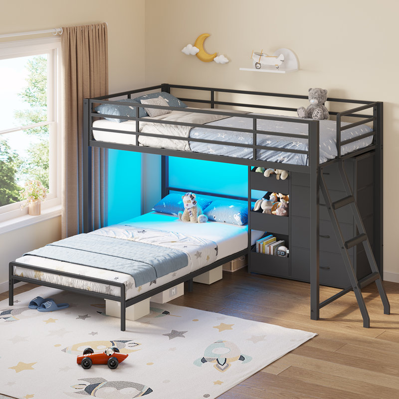 Twin Over Twin Size Bunk Bed With Led Lights And 4 Storage Drawers, Metal Low Bunk Bed Frame With 3 Open Storage Box, Twin Loft Beds With Safety Guardrail & Ladder For Teen, Black