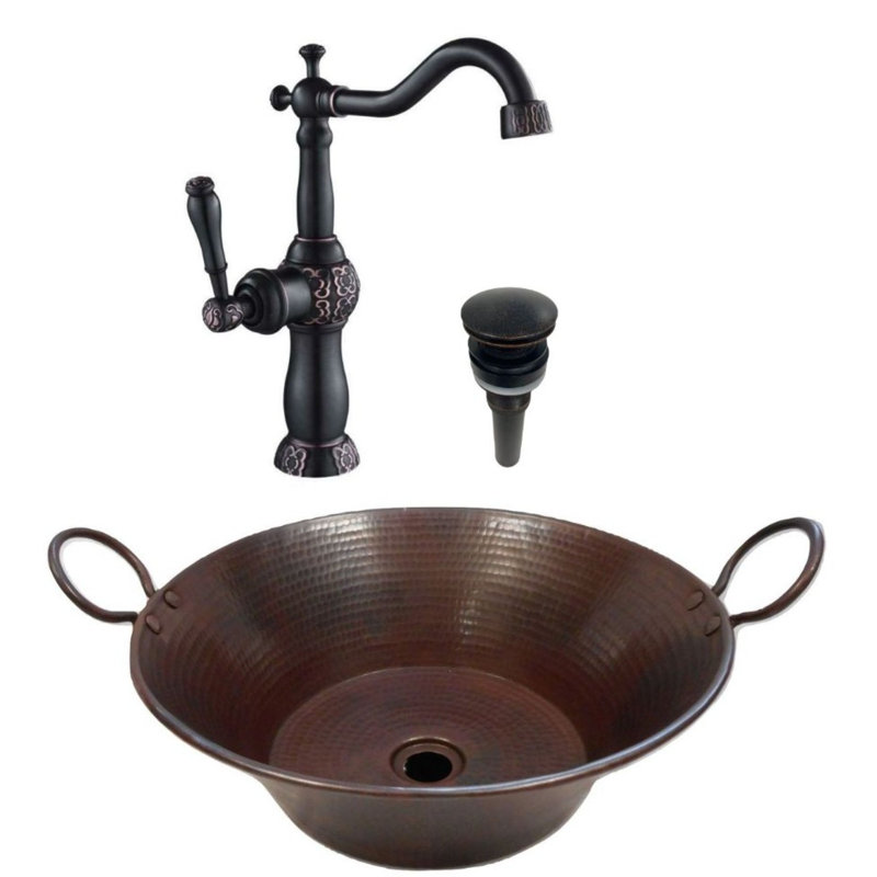 Lavabo vasque rond en cuivre 16 po Cazo, robinet inclus
