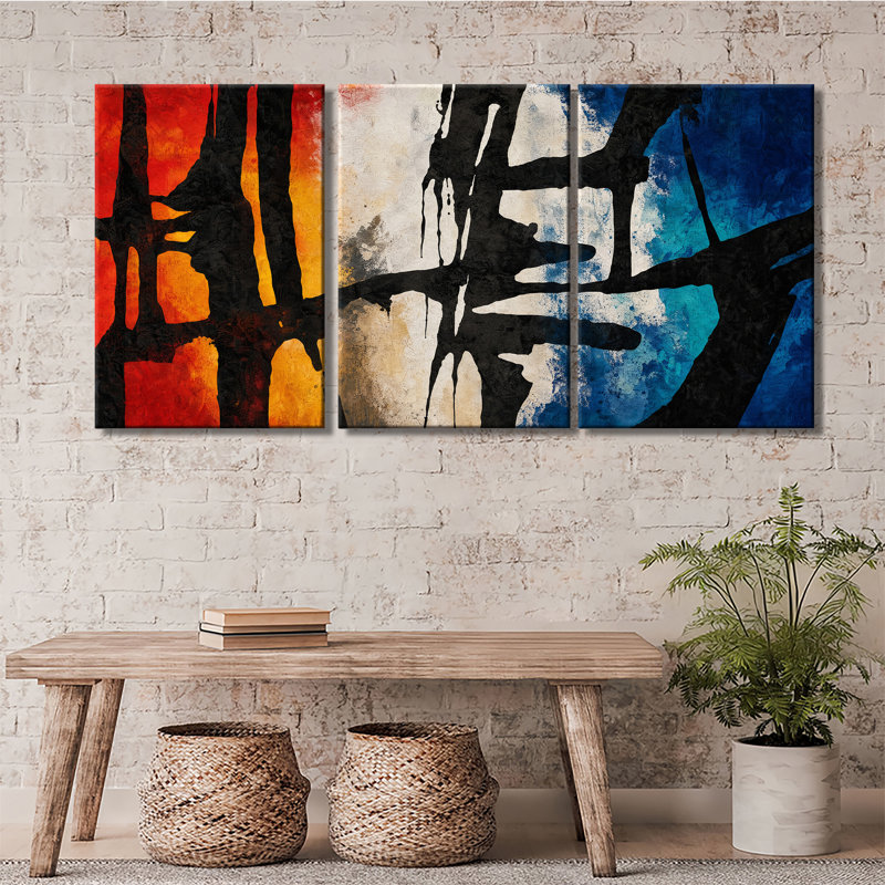 Rouge, orange, bleu sarcelle, noir, ligne épaisse, reproduction d'art sur toile tendue, prête à accrocher, décoration murale de salon moderne, 3 pièces