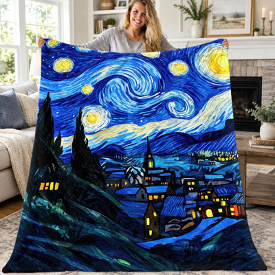 Couverture jetée Van Gogh Nuit étoilée (1 pièce), motif artistique de village et ciel étoilé, en flanelle, douce, légère et chaude, idéale pour canapé, lit, salon, chambre d'étudiant, bureau ou voyage. Décoration intérieure, toutes saisons, lavable à la machine, cadeau.