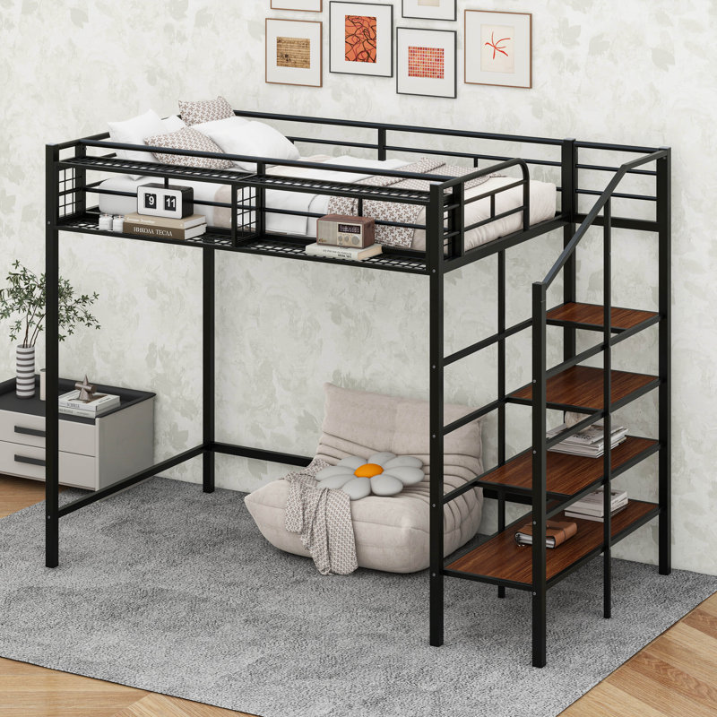 Twin Size Metal Loft Bed With Upper Grid Storage Shelf And Lateral Storage Ladder, Black