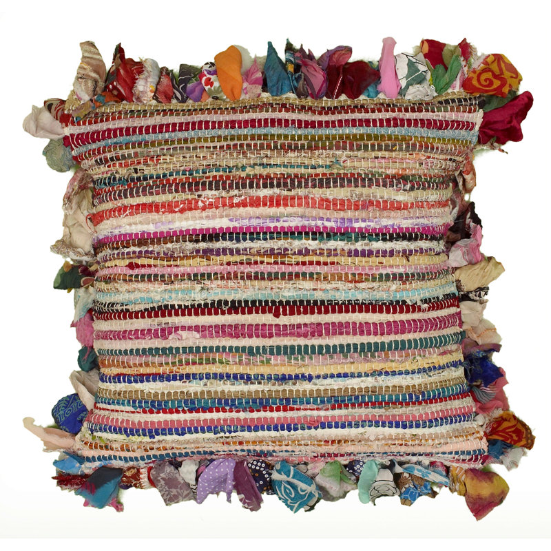Multicolor Striped Hand-Woven Chindi Floor Pillow, 26" x 26"