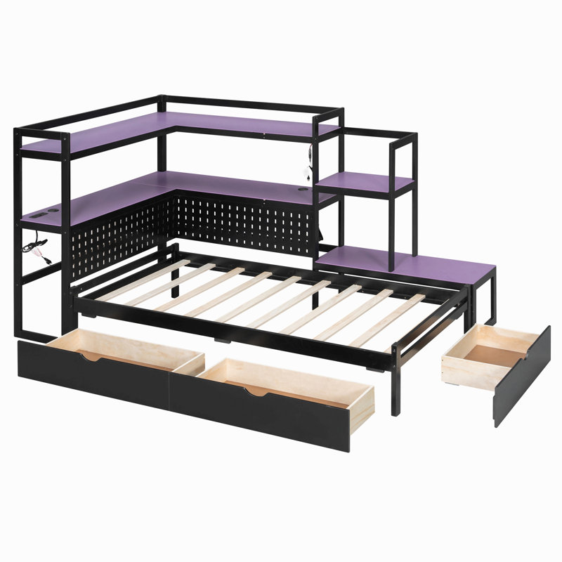 Lit de jour pour lit simple avec bureau intégré et lumière DEL, cadre de lit moderne en bois avec 3 tiroirs de rangement et station de charge intégrée, bibliothèque multifonctionnelle pour tête de lit