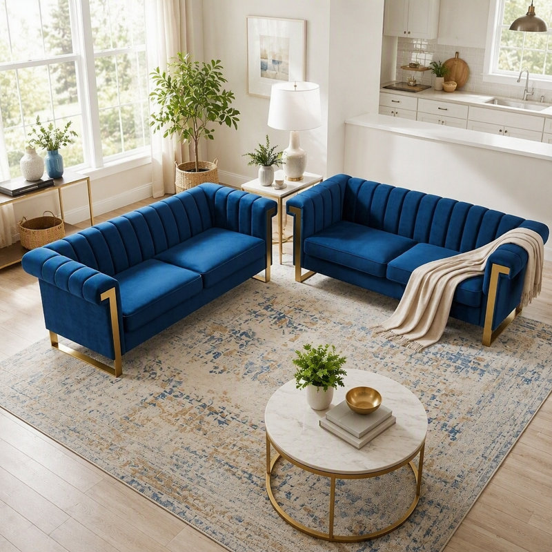 Ensemble de canapés 2 pièces en velours, canapé de salon luxueux avec pieds en acier inoxydable doré, canapé de style Chesterfield capitonné avec dossier capitonné et assise profonde