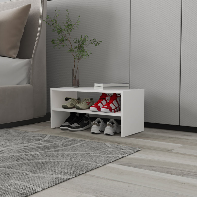 Shoe Rack, 2 Open Shelves, Low Horizontal Design, Freestanding Unit, Bedroom Use, White, White