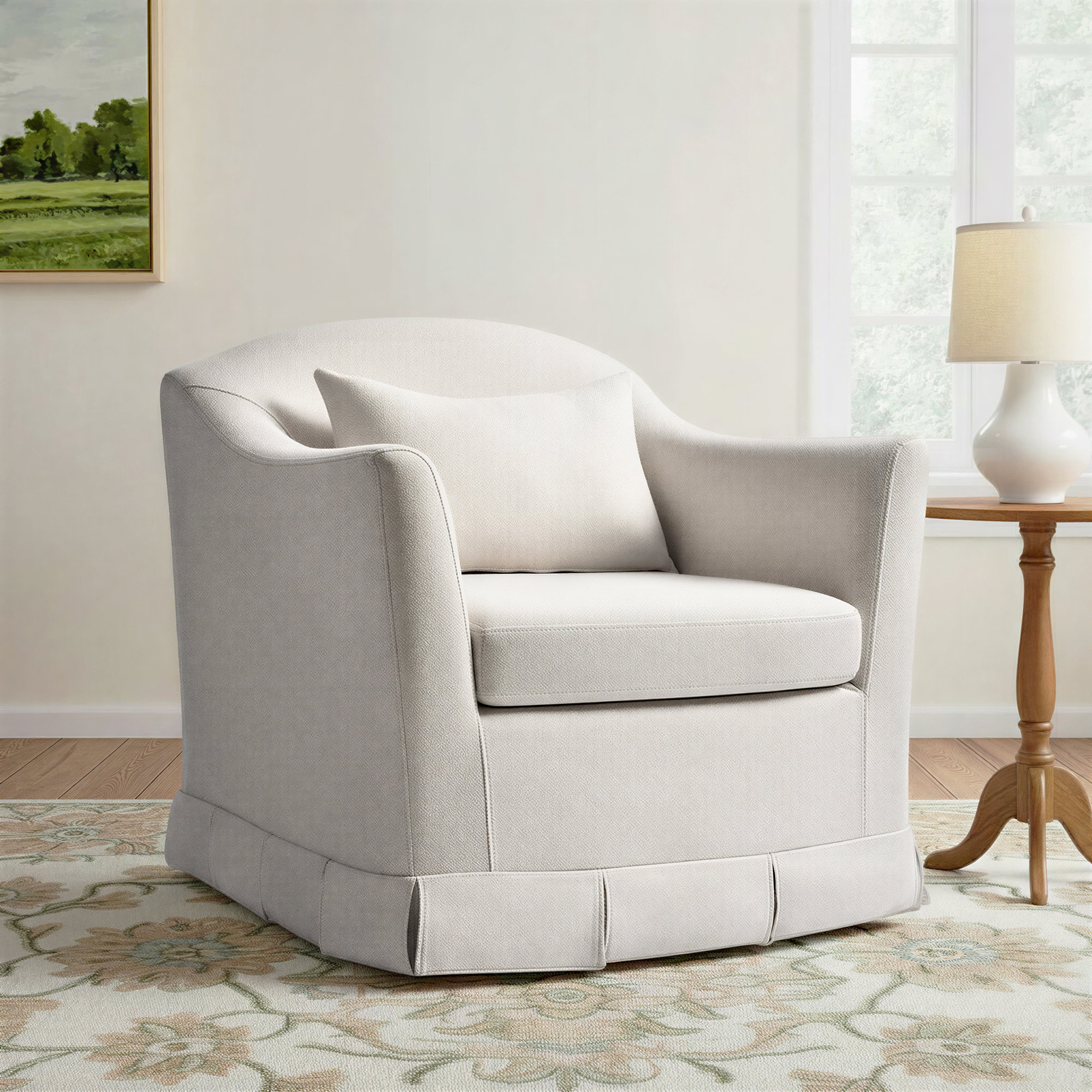 Electra Modern Farmhouse Slipcovered Swivel Armchair, White Polyester