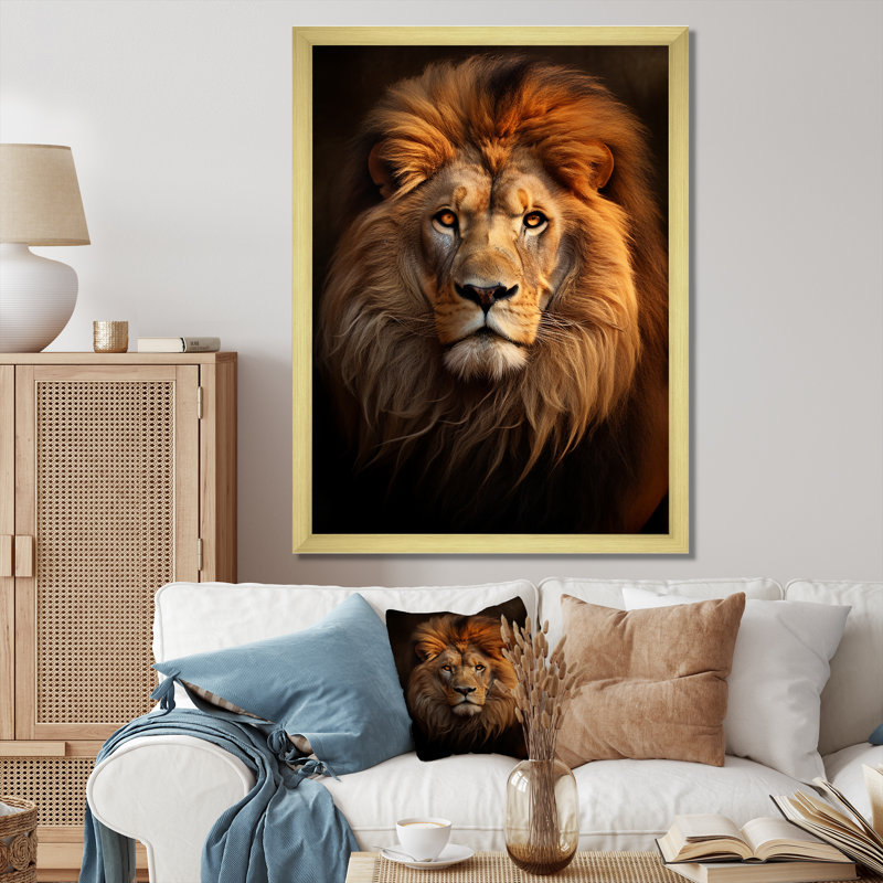 Lion Regal Majesty Lion On Canvas Print, 40" H x 30" W x 1.5" D, Gold Floater Framed