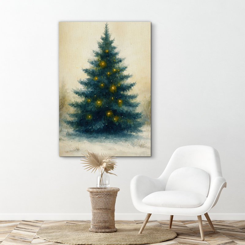 Arbre de Noël avec lumières dorées, impression sur toile encadrée, H 48 po x l 32 po x P 1,5 po, Toile tendue