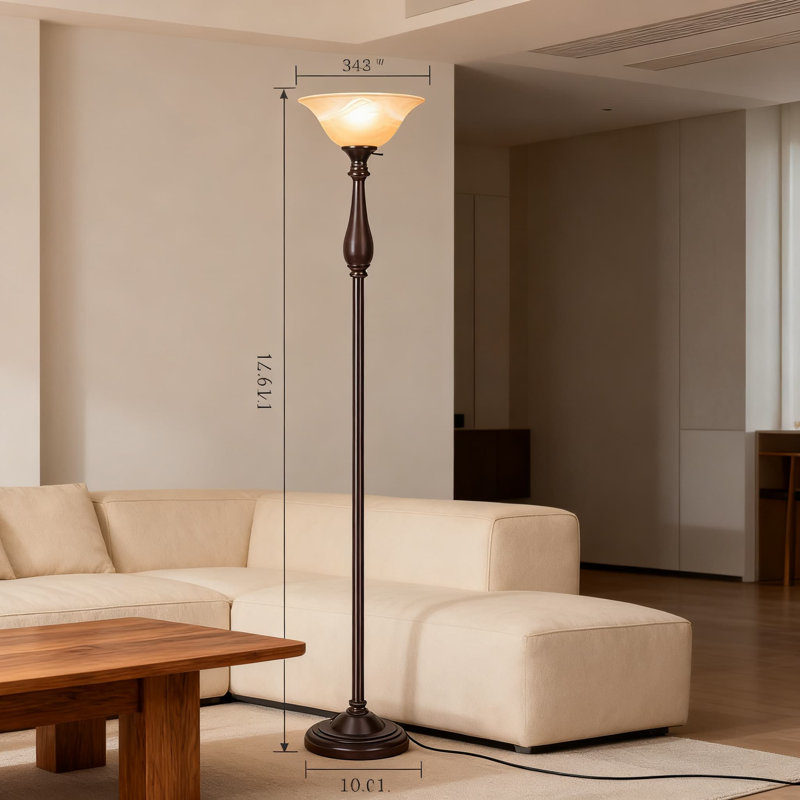 Lampe sur pied avec abat-jour en verre albâtre ambré, interrupteur à 3 voies, fabrication en métal robuste pour le salon, la chambre à coucher et l'éclairage de bureau