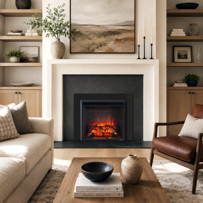 Ayame 26" Electric Fireplace Insert With Trim Kit, Fire Crackling Sound, Resin Log, Remote Control, 750/1500w Heater, Black, by Puraflame
