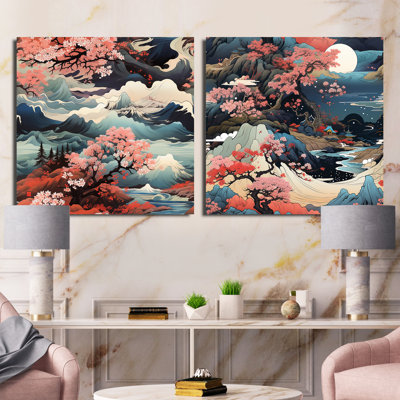 Mountain Ukiyo E - Paysages abstraits, ensemble de 2 carrés carrés