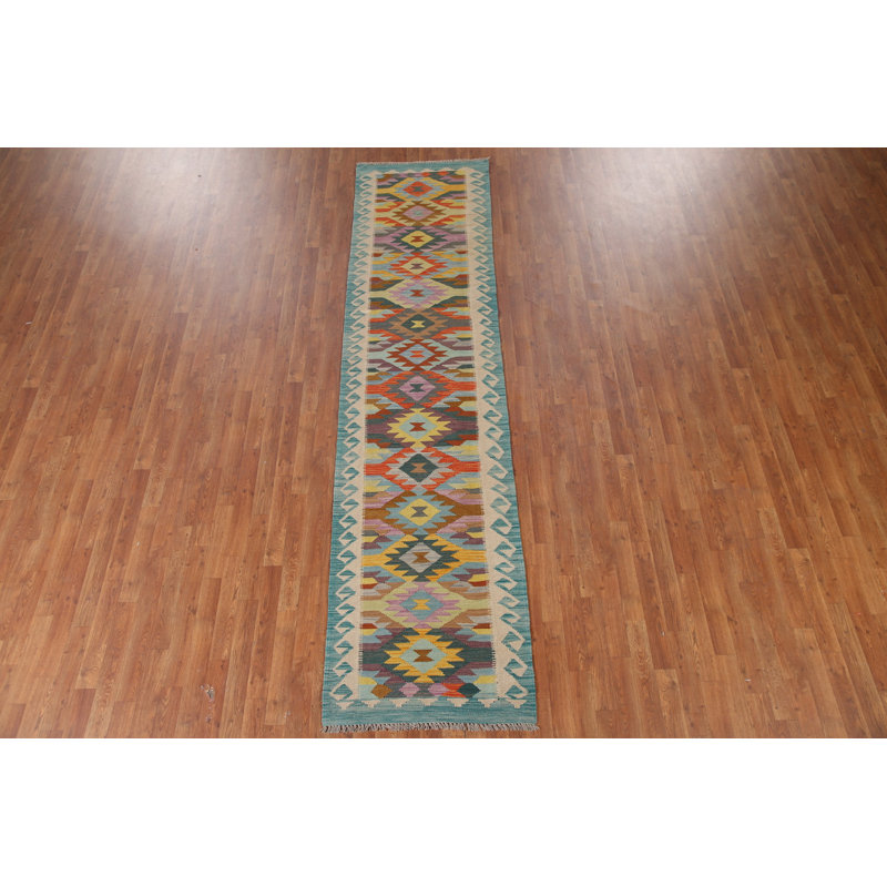 Tapis de couloir oriental géométrique en laine Kilim 3 x 11