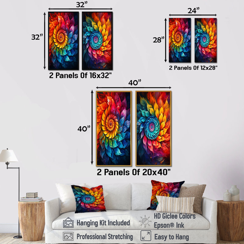 Fractal Colorfulfloral Spiral I - Abstract Spirals, ensemble de 2 impressions sur toile, Cadre flottant doré