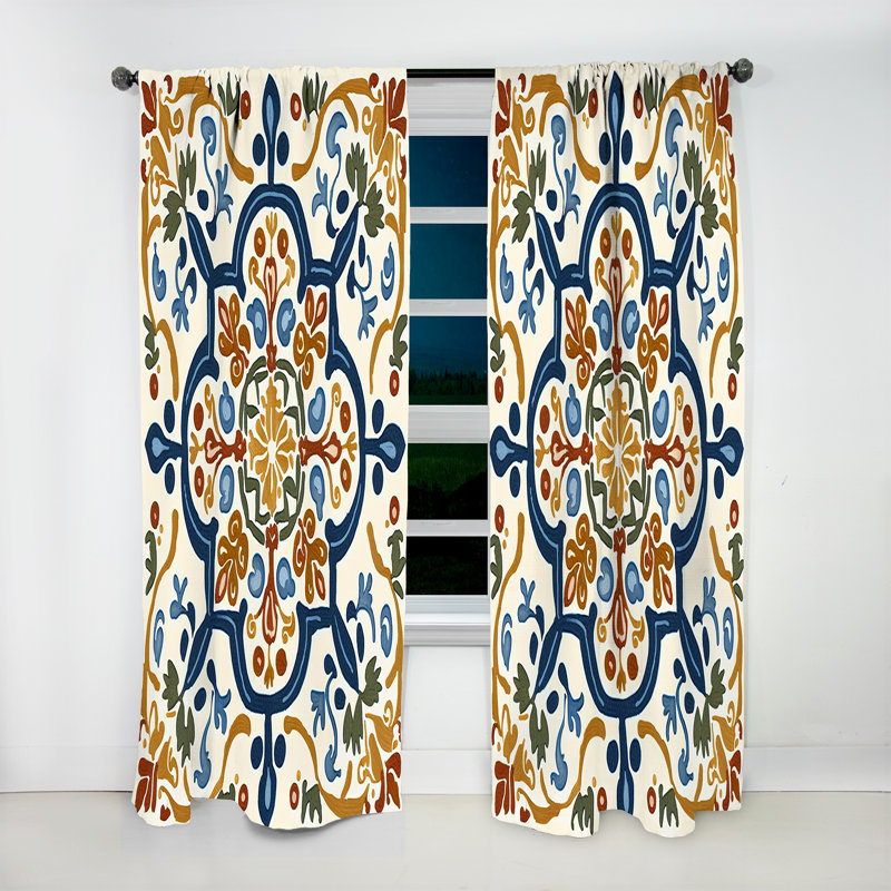 Rideaux occultant à motif méditerranéen à motif rétro bleu IV - 1 panneau, L 52 po x L 120 po