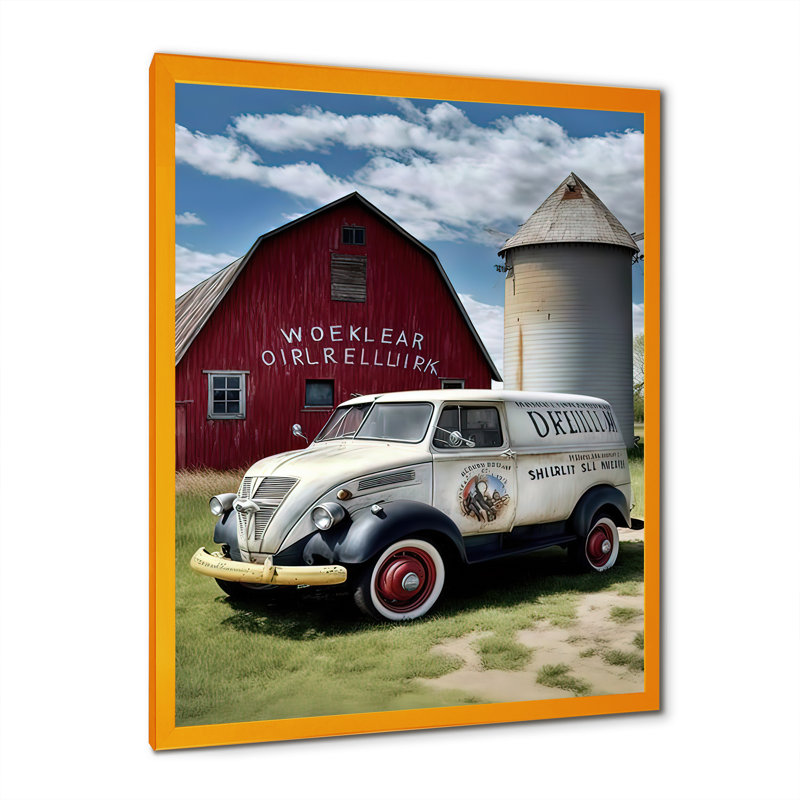 Camion à lait à la grange - photographie sur toile, H 20 po x l 12 po x P 1 po, Impression dorée sur toile encadrée