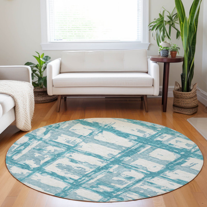 Premium Machine Washable Prisco Teal Rug, Round 8'