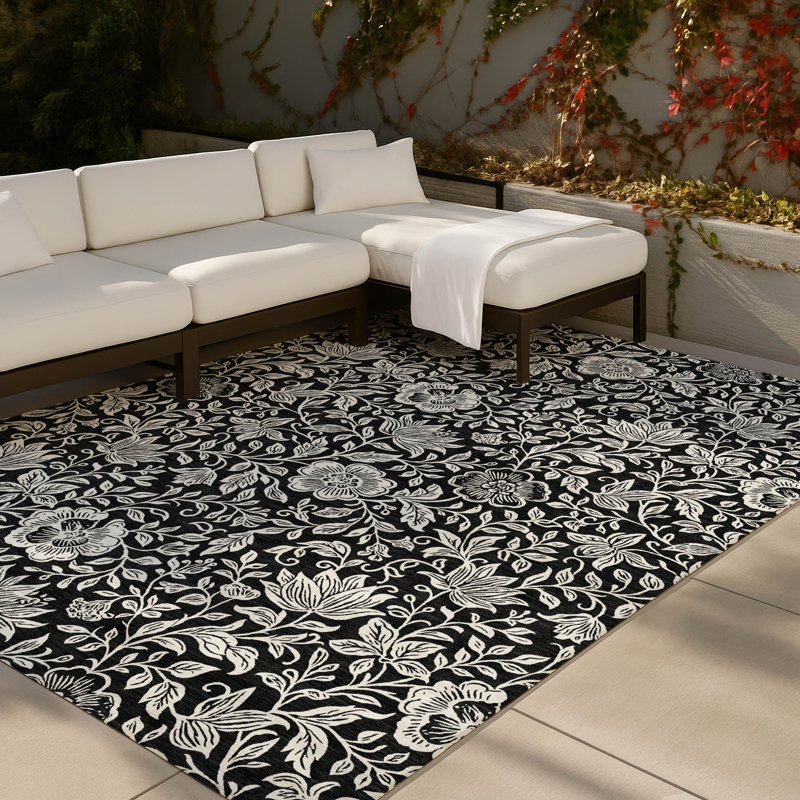 Machine Washable Indoor/Outdoor Chantille ACN2572 Floral Rug, 3' x 5', Black