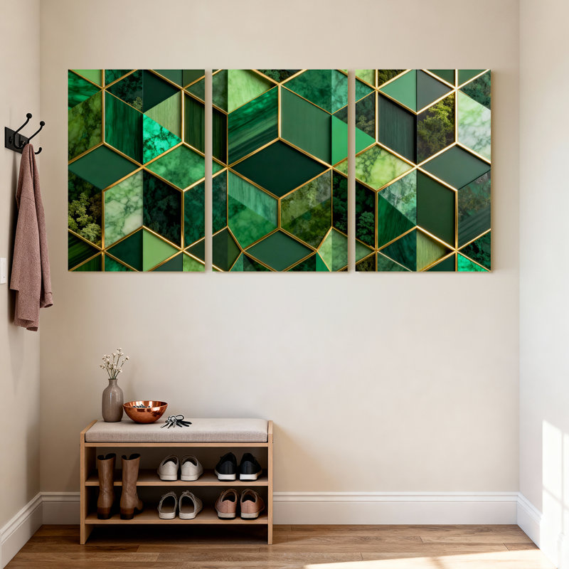 Motif géométrique de marbre vert avec accents dorés, reproduction d'art sur toile tendue sur toile, ensemble de 3