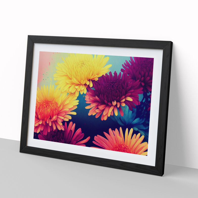 Majestic Chrysanthemum Flowers - Single Picture Frame Painting, 46cm H x 64cm W x 2cm D, Black