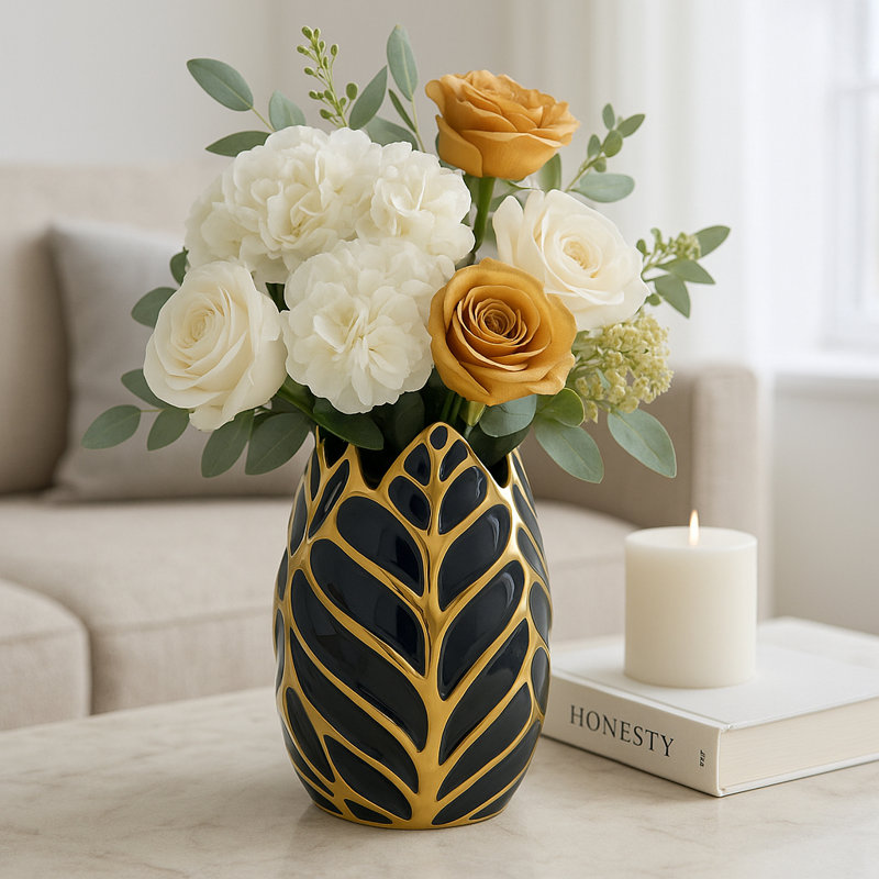 Addington Modern Stoneware Ceramic Vase with Textured Decorative Design, Dark Navy
