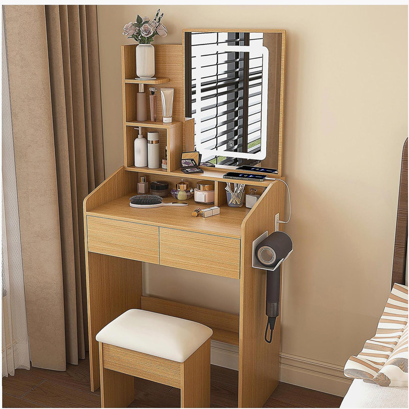 Coiffeuse avec miroir lumineux à DEL, prise de courant, support pour sèche-cheveux et tabouret - Petite commode pour petite chambre à coucher (bois)