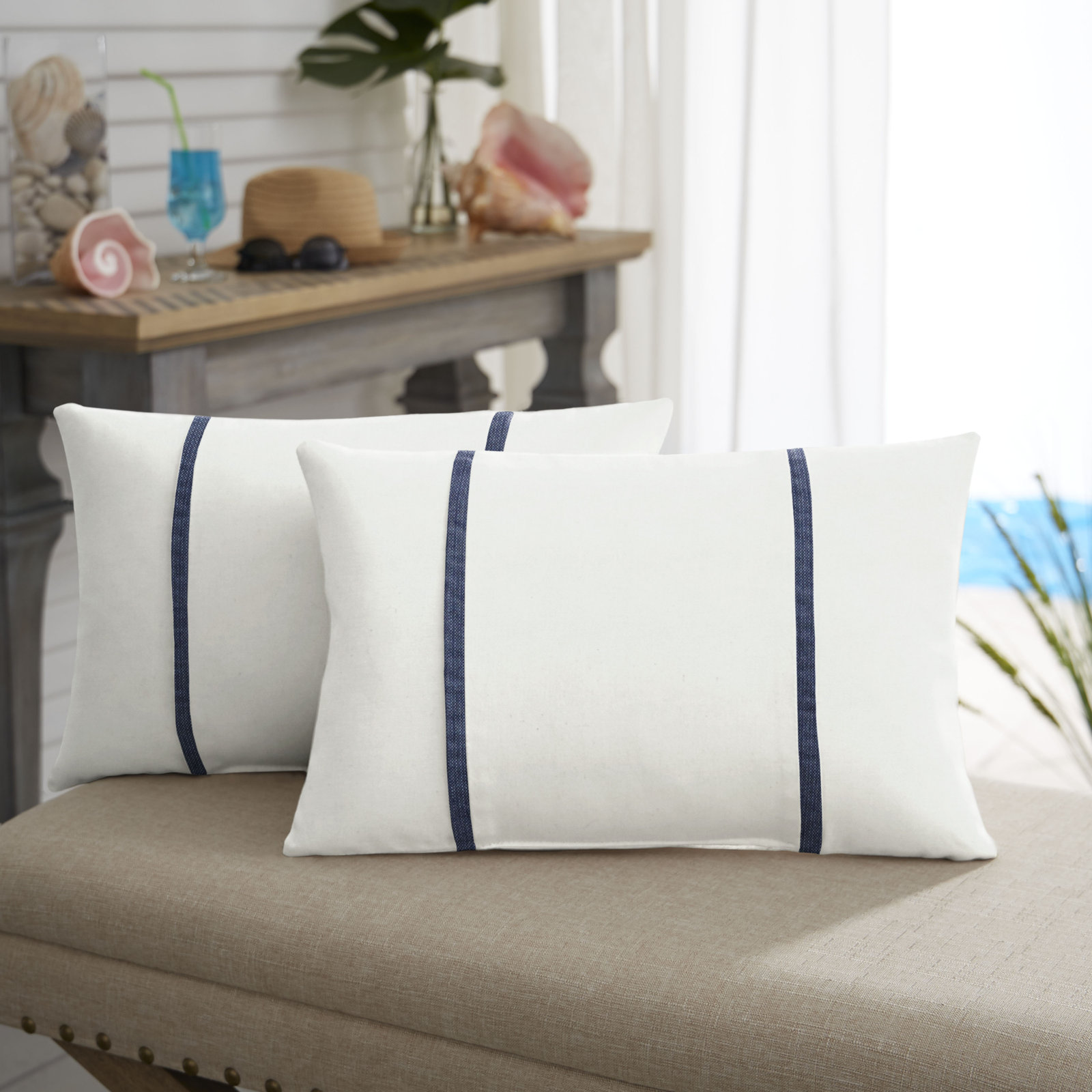 Furston Lumbar Throw Pillow, White/Navy, 12" x 24"