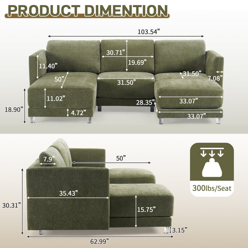 Shugar 103.5'' 4-Piece Green Suede Thick Cushion Cloud Small Floating Corner Sectional Sofa, Green Suede
