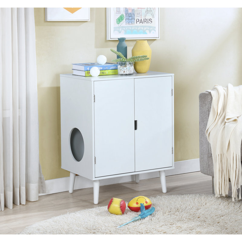 White Modern Cat Litter Hide-Away Cabinet with Circular Opening