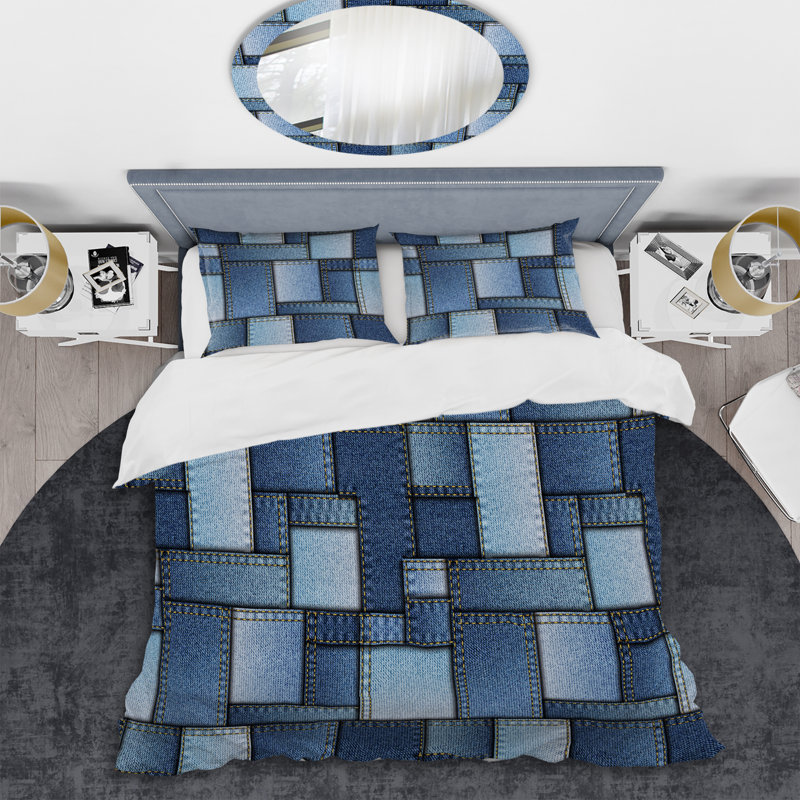 Blue Denim Patchwork - Abstract Duvet Cover Set - Microfiber Polyester, Twin Duvet Cover + 1 Standard Sham