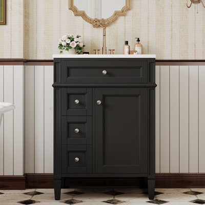 Bathroom Vanity with Top Sink, Modern Bathroom Storage Cabinet with 2 Drawers and a Tip-out Drawer, Single Sink Bathroom Vanity