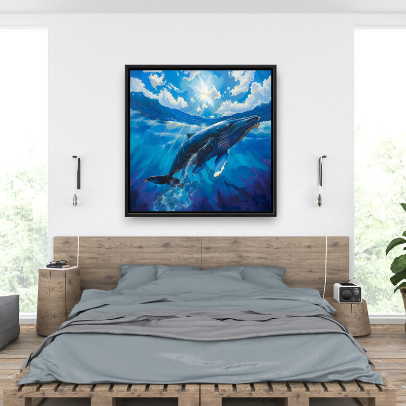 Baleine nageuse - Toile encadrée bleue pour la décoration intérieure