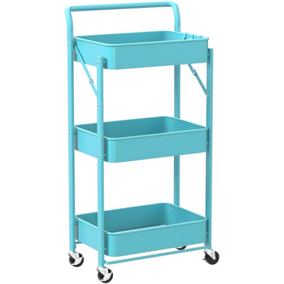 3-Tier Foldable Storage Cart With Wheels - No Assembly Required Metal Utility Rolling Cart For Kitchen, Bedroom, Classroom - Space-Saving Folding Shelves Organizer