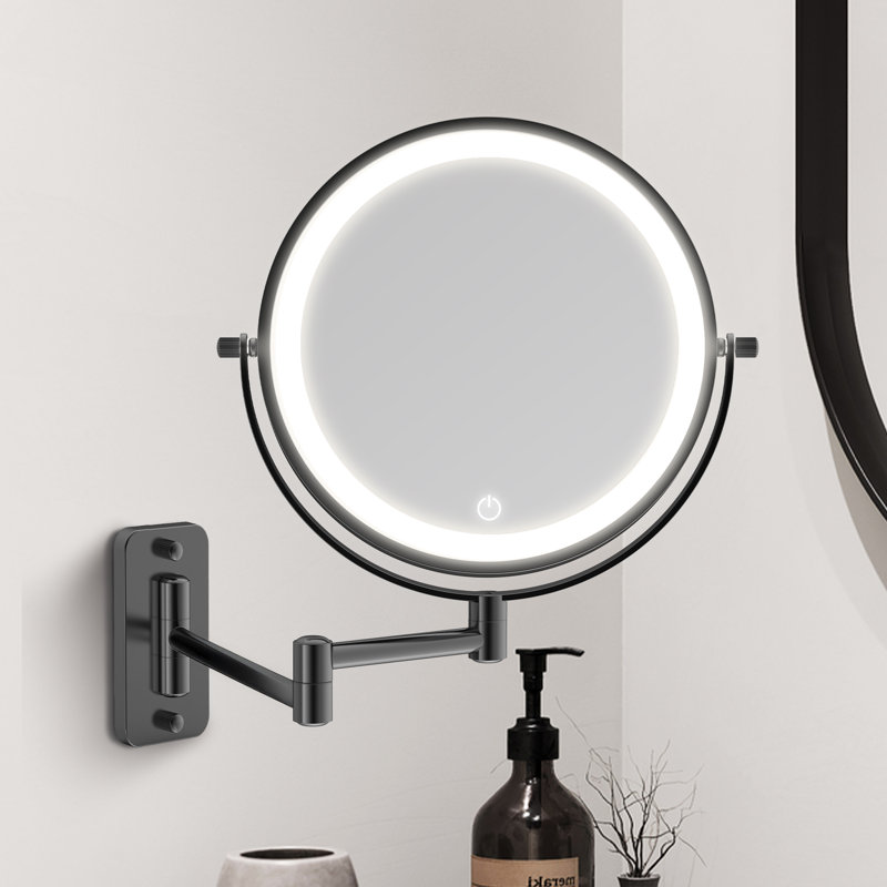 Metal Wall Mounted 8" Led Makeup Mirror With Magnification, 3 Colour Led Lights Makeup Mirror, Matte Black, 10x